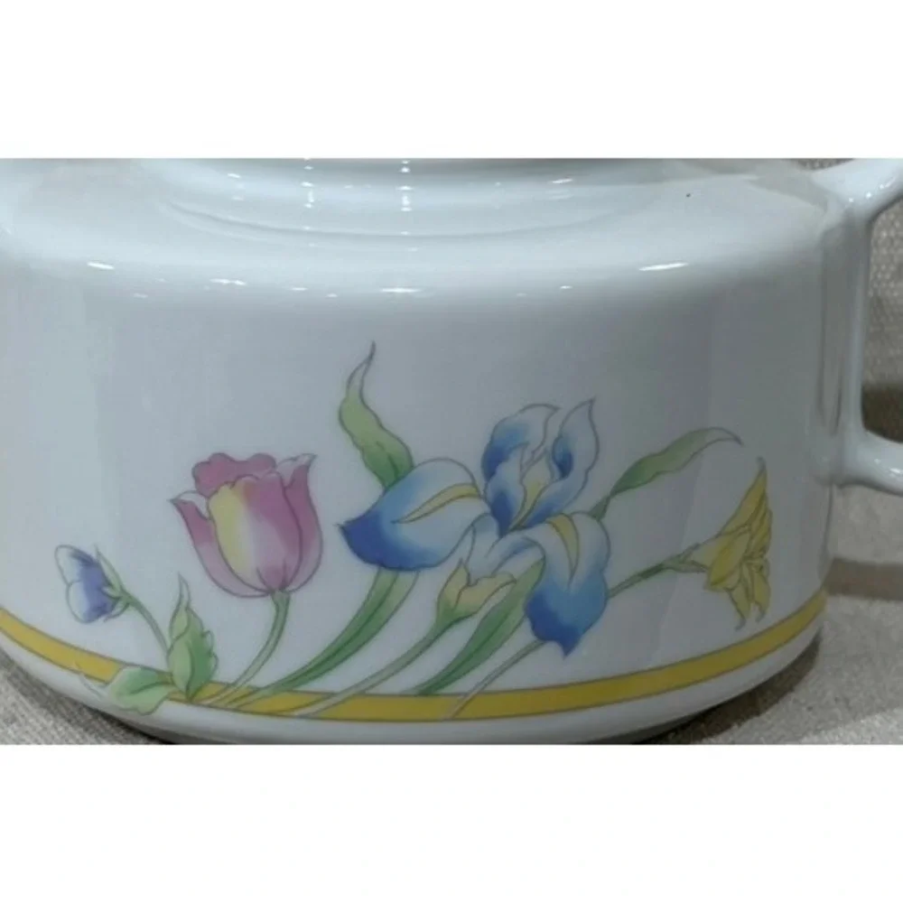 Floral Ceramic Teapot and Teacup Set Blue Iris Pink Tulip Yellow Daffodil